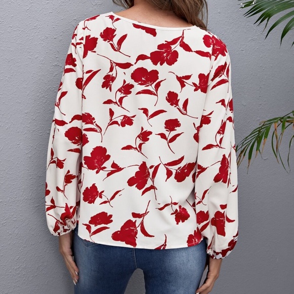 v neck Red floral print spring bishop sleeve top boho - Picture 3 of 5
